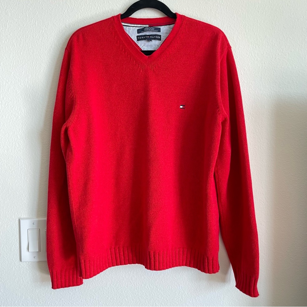 NWOT Tommy Hilfiger Neon Bright Red V-Neck 100% Cotton Sweater Cozy Unisex
